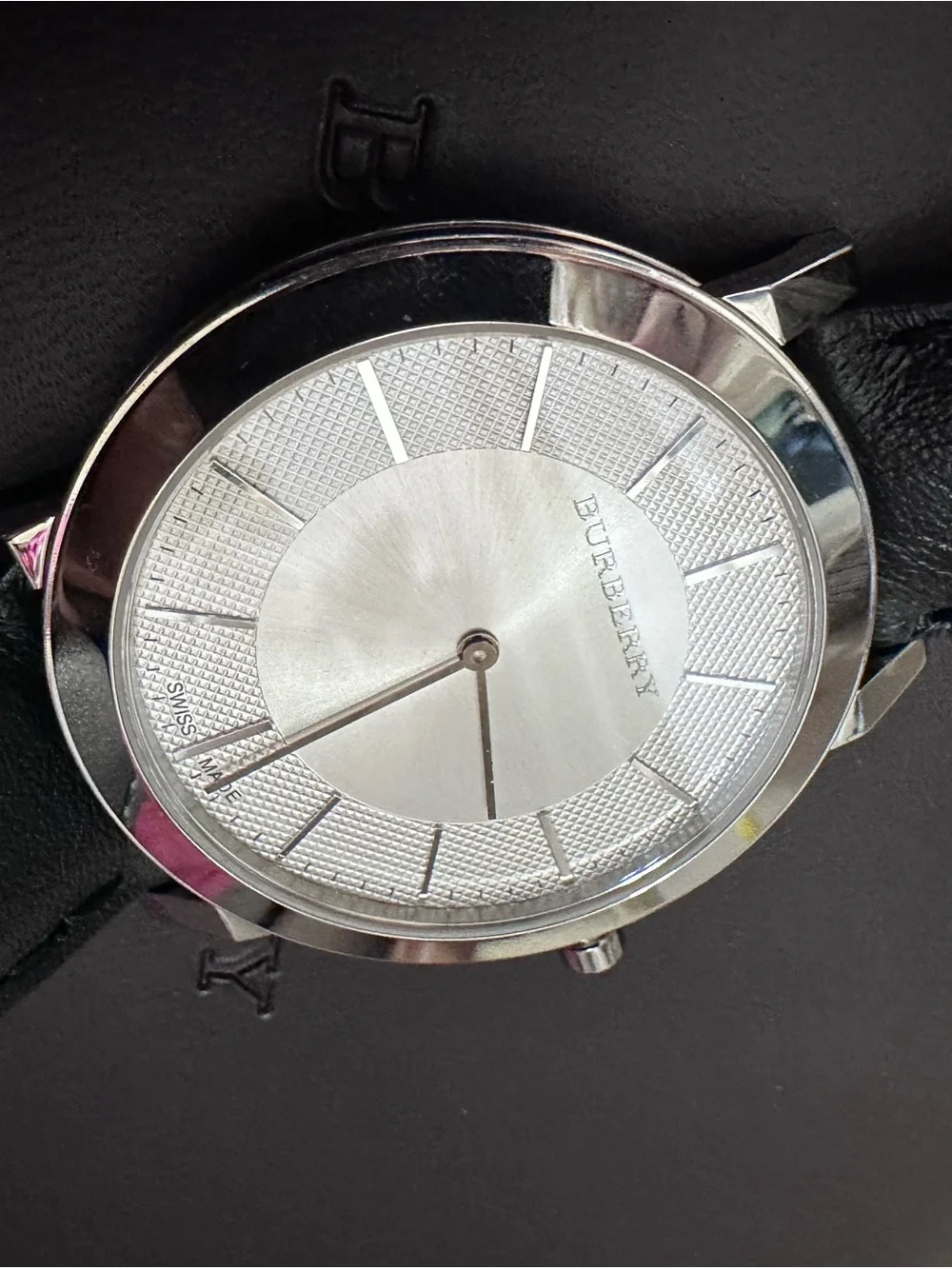 Burberry Unisex Silver Dial Black Leather Watch